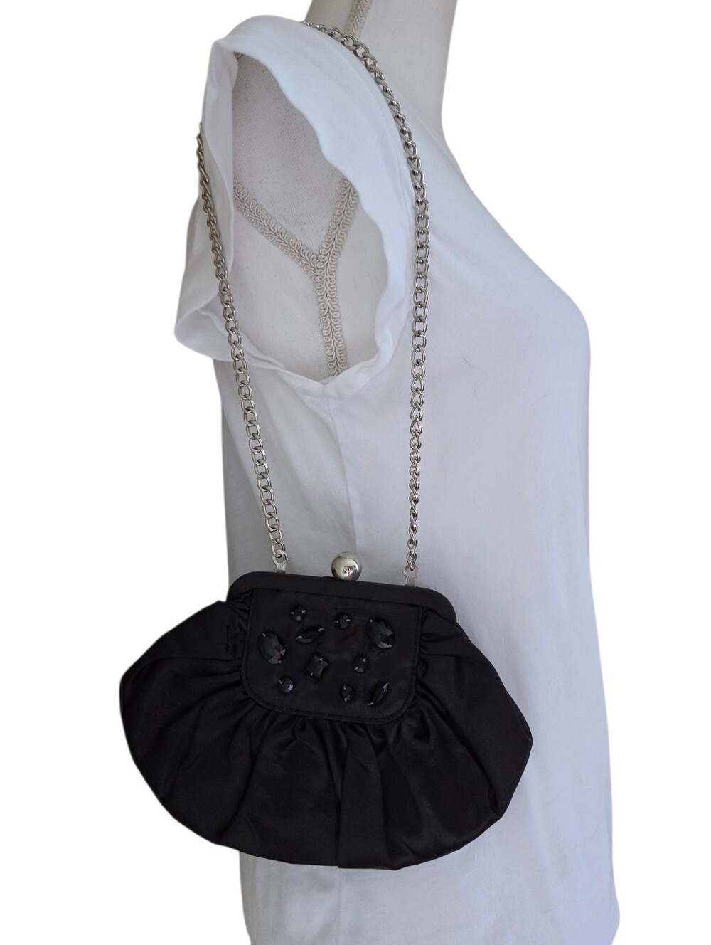 white house black market black satin embellished evening clutch bag chain strap